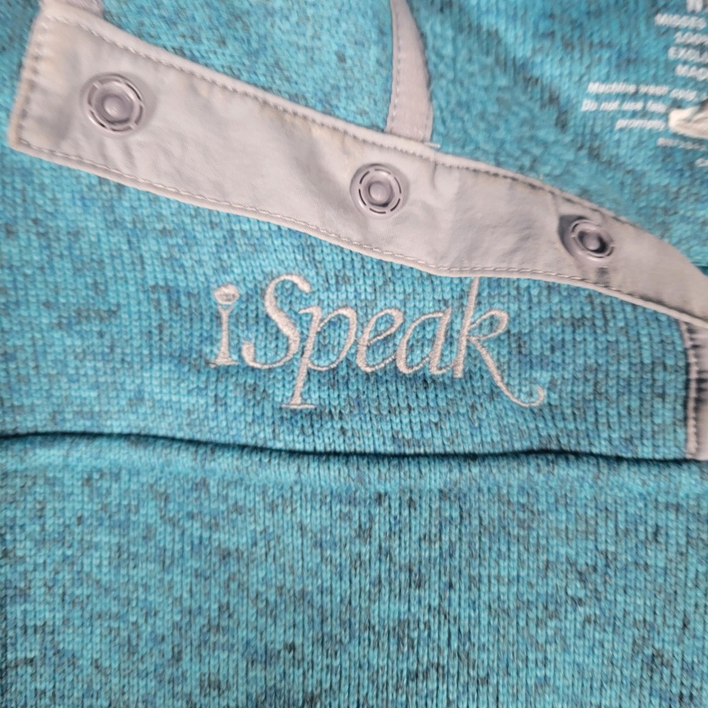 LL Bean Sweater Fleece Pullover Womens Size M Teal  Snap Mock Neck iSpeak Logo - Picture 2 of 9